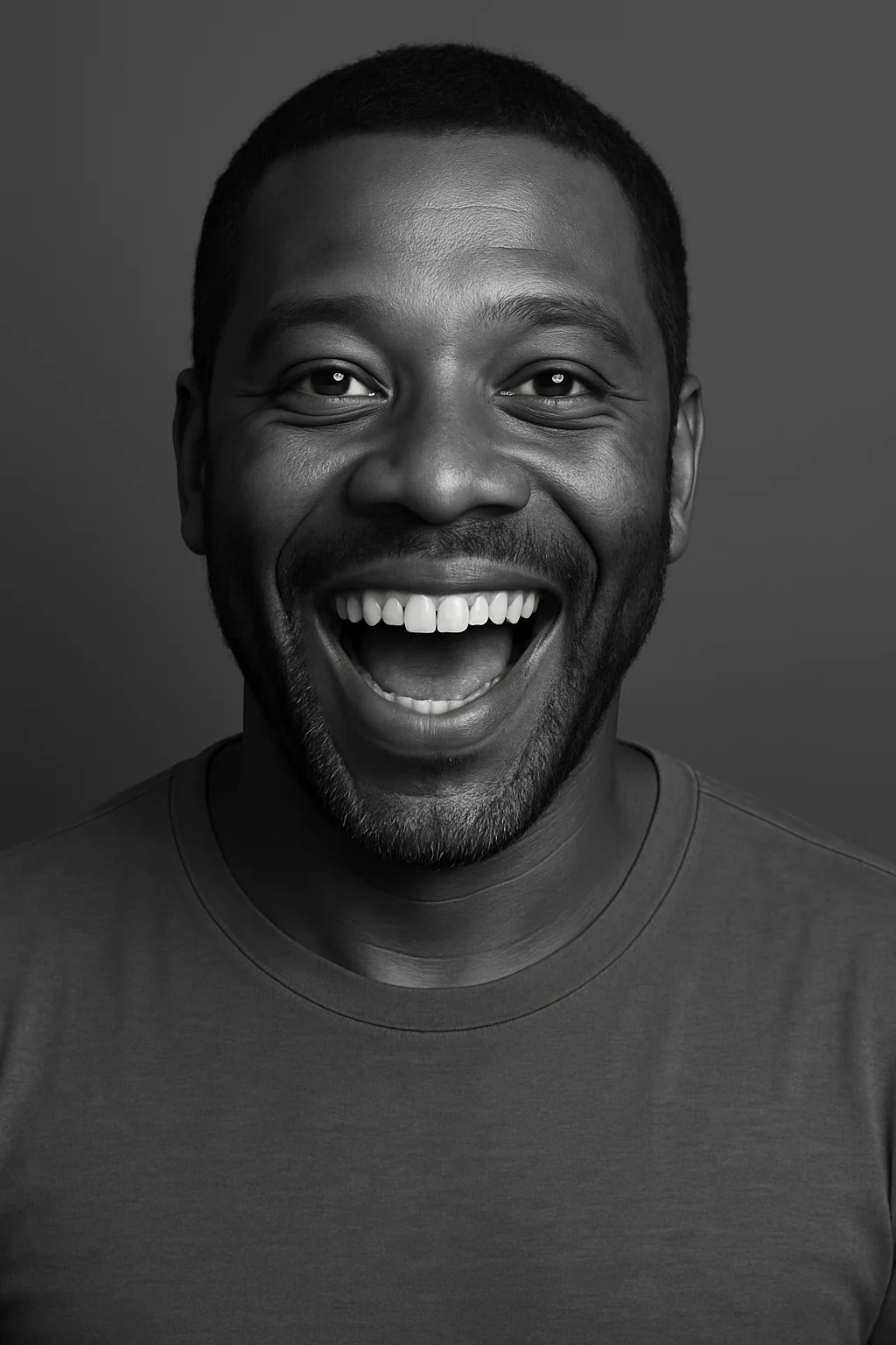 Black and white portrait expressing joy