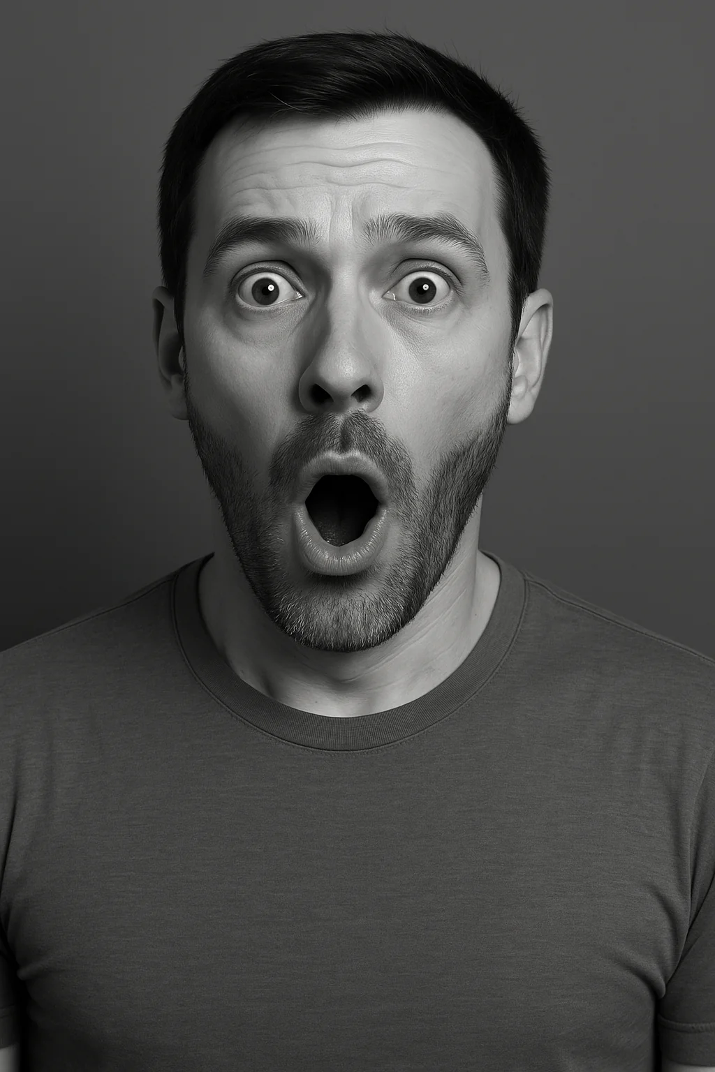 Black and white portrait expressing surprise